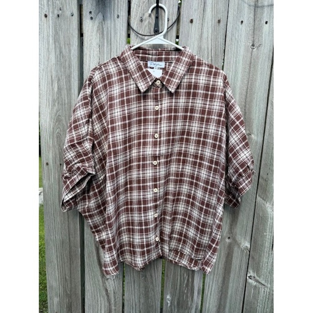 Plaid Polagram Button Down Women 1XL Brown Short Sleeve Oversized Boxy Top Woven